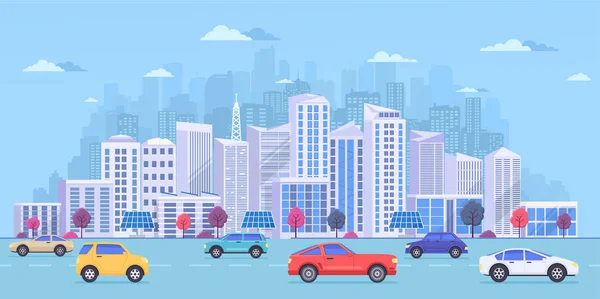 Paisaje urbano con grandes edificios modernos, transporte urbano, tráfico en la calle. Autopista con coches sobre fondo azul . — Vector de stock