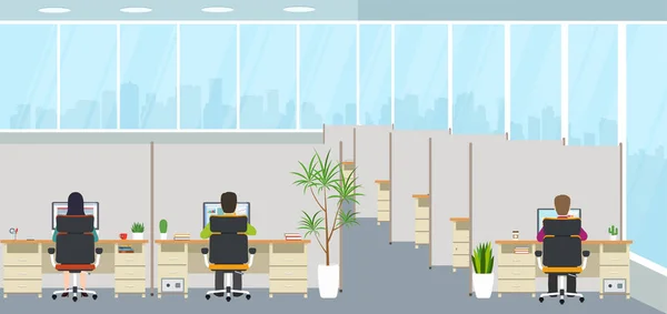 직원 들과 현대적인 사무실 인테리어입니다. 파노라마 창, 창조적인 직장 사무실 공간. — 스톡 벡터