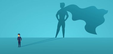 Büyük gölge süper kahraman ile iş adamı. İş lideri süper Yöneticisi. Başarı, liderlik, güven, özgürleşme kalite kavramı. Vektör çizim düz stil.
