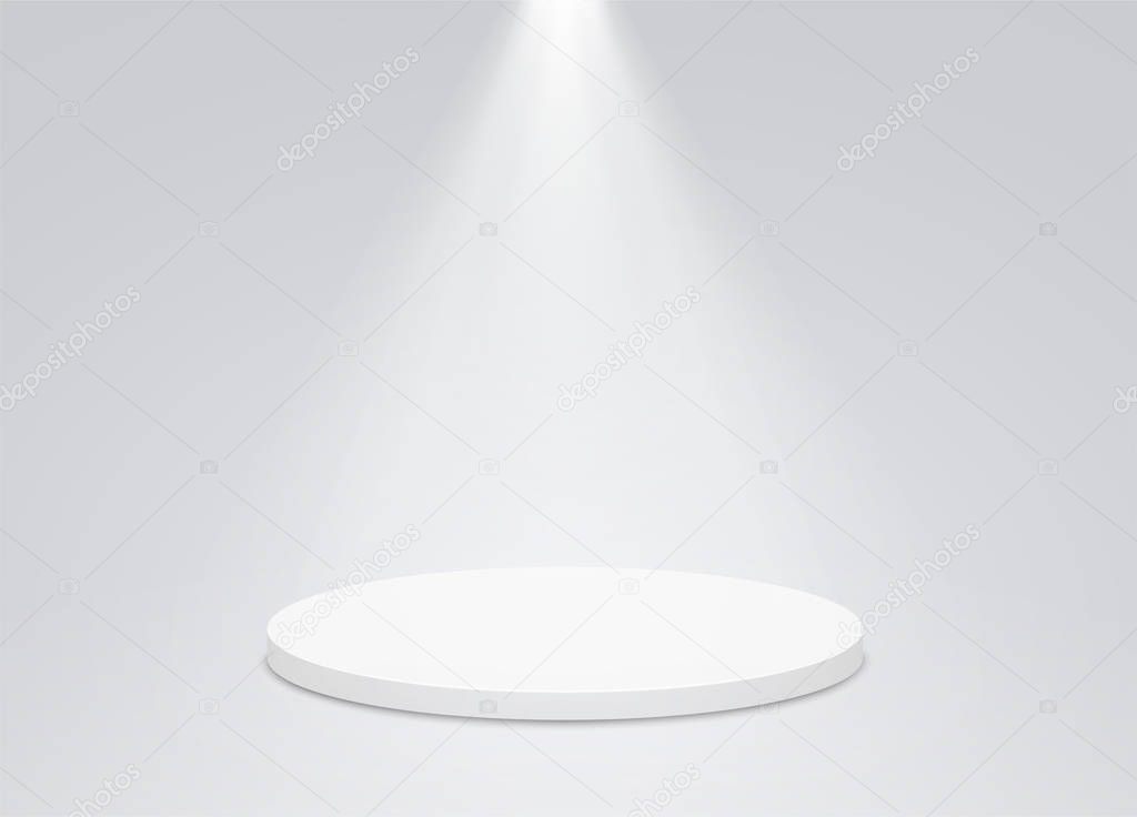 Round podium pedestal with bright lighting, a searchlight. Winner podium, first place for presentation of trophies or awards.