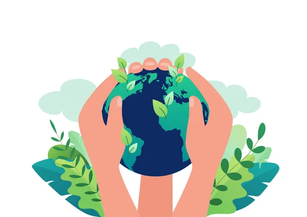 Earth Day concept of clean ecology of our planet, renewable energy. Hands hold the globe closing earth from pollution. Vector illustration save our planet. — Stock Vector