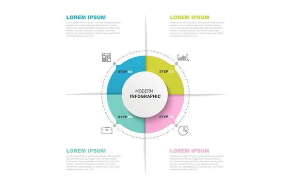 Modelo de infográfico de círculo com ícones e 4 passos ou opções. Conceito de negócio, layout de fluxo de trabalho, gráfico de informações, fluxograma . — Vetor de Stock