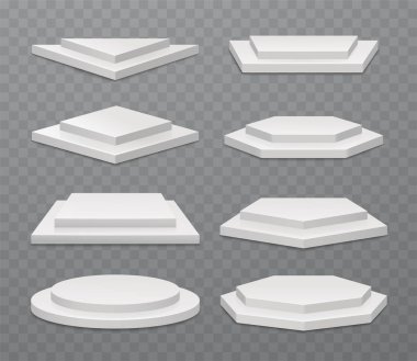 Kazanan beyaz podyum veya sergi Kaide, iki basamaklı sahneleri. Yuvarlak, kare, trihedron, hex, pentahedron, yedigen platformları seti.