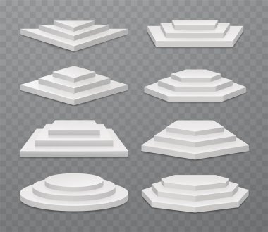 Kazanan beyaz podyumlar veya sergi Kaide, üç basamaklı sahneleri. Yuvarlak, kare, trihedron, hex, pentahedron, yedigen platformları seti.