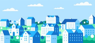 Binalar, özel evler ve arka planda dağlar ve tepeler karşı ağaçlar ile Cityscape. Konsept banliyö hayatı.