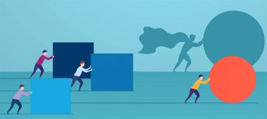 İşadamı süper kahraman kırmızı küreiter, rakipleri sollar. Kazanma stratejisi kavramı, iş verimliliği, liderlik.