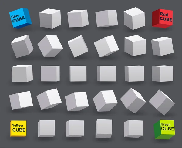 Set of white cubes in various tilt angles. 3D model of geometric shapes. — Stock Vector
