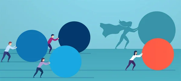 Mujer de negocios superhéroe empuja esfera roja, adelantando a los competidores. Concepto de estrategia ganadora, eficiencia empresarial, liderazgo . — Archivo Imágenes Vectoriales