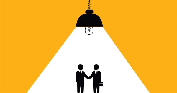 Handshake businessmen cooperation, successful partnership conclusion of a contract. Concept of business people standing under a white ray of light on a yellow background. — Stock Vector