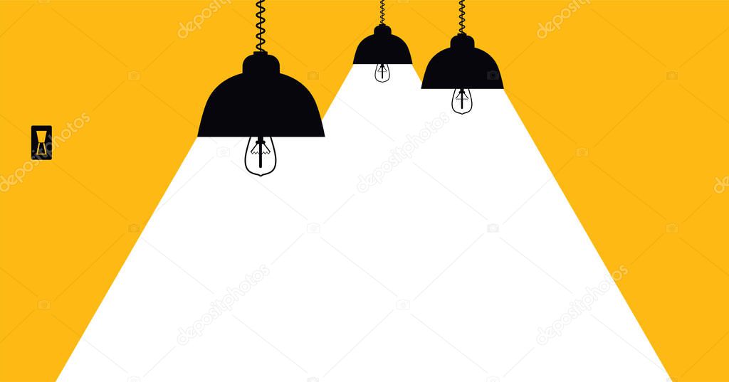 Lighting lamp with white rays on a yellow background with space for text. Modern abstract interior with vertical light.