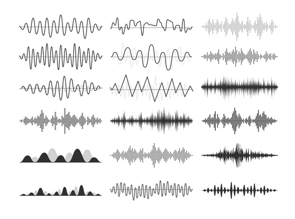 Ondas sonoras musicales negras. Frecuencias de audio, impulsos musicales, señales de radio electrónicas, curvas de ondas de radio . — Vector de stock