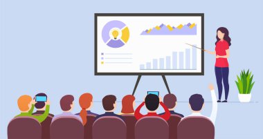 İş kadını öğretmen pazarlama verilerini sunan bir konferans düzenledi