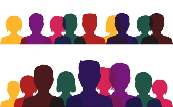 Silhouette di persone, profilo multicolore di uomini e donne su — Vettoriale Stock