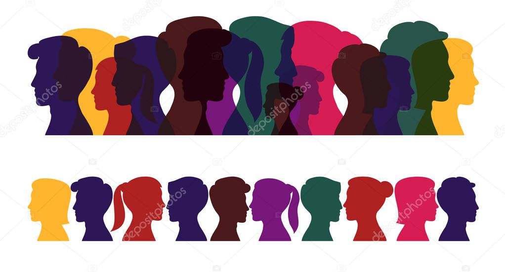 Silhouettes of people, multicolored profile of men and women on 