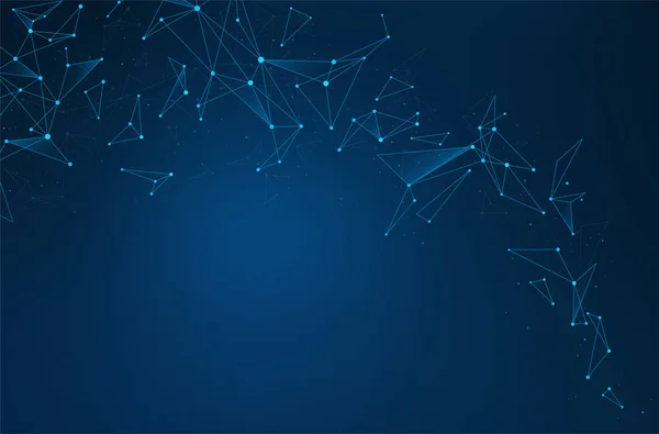 Rete connessioni astratte con punti e linee su sfondo blu. Wireframe delle comunicazioni di rete. Concetto di tecnologia digitale, AI . — Vettoriale Stock