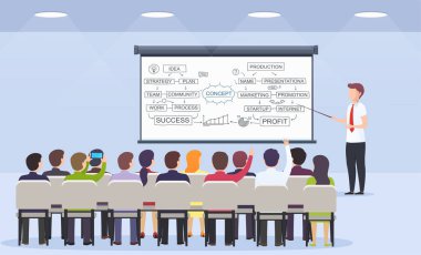 İş adamı öğretmen oturmuş bir kitleye iş stratejisi, e-ticaret ve pazarlama için bir ders öğretir.