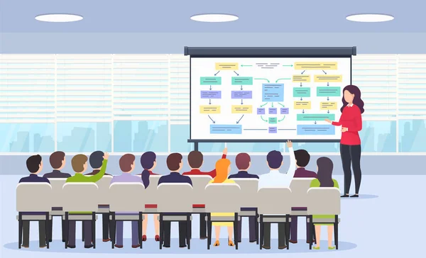 Obchodní osoba vyučuje přednášku o obchodní strategii, elektronické komerce a marketingu pro sedící publikum a používání tabule ve třídě s panoramatickými okny. — Stockový vektor