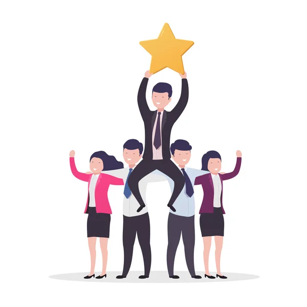 Teamwork success. Business people, businessman with gold star ra — Stock Vector