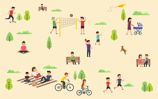 People relax in nature in the park. Leisure in the fresh air, riding bicycle skateboard, playing with ball, walking the dog in park, yoga sessions, family outdoor recreation with a picnic.