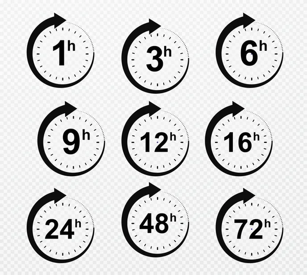 Clock arrow 1, 3, 6, 9, 12, 16, 24, 48, 72 hours. Set of deliver — Stock Vector