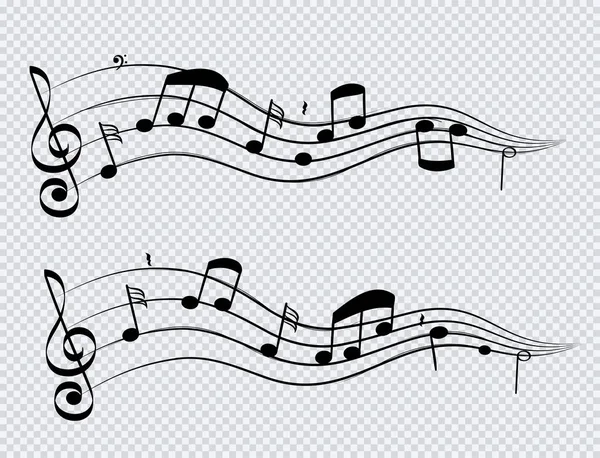 Row musikaliska noter och ackord av svart färg på transparent bakgrund. Ljud-och musik uppsättning. — Stock vektor