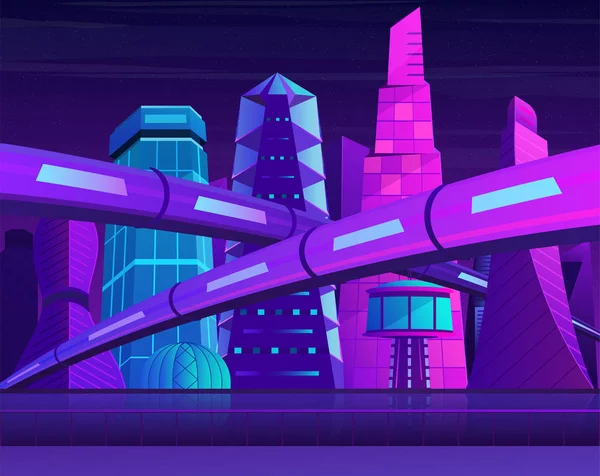 Futuriste ville nocturne néon avec gratte-ciel et chemin de fer. Métropole aux couleurs violet-bleu . — Image vectorielle