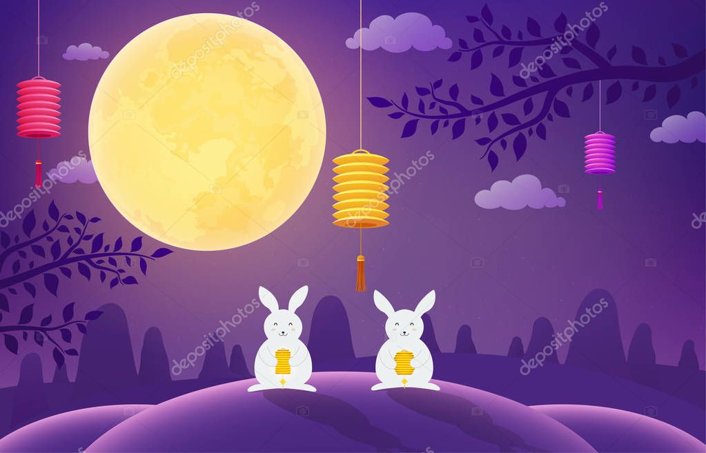 Mid Autumn Festival Rabbits On Blue Background Night Full Moon Premium Vector In Adobe Illustrator Ai Ai Format Encapsulated Postscript Eps Eps Format