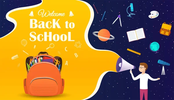 Bannière de retour à l'école avec sac à dos et articles scolaires. Affiche de design d'espace de retour à l'école . — Image vectorielle