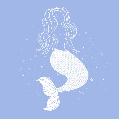 Çizgileri ile mavi bir arka plan üzerinde sevimli denizkızı. Baskı, kitap, tebrik kartları için Çocuk masal tasarımı.