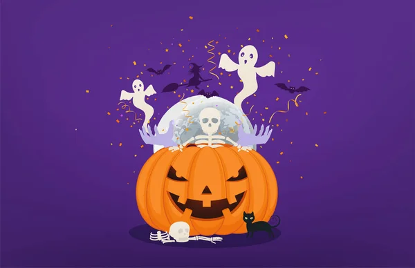 Calabaza de Halloween con manos y esqueleto de hombre muerto, fantasmas voladores, gato negro, murciélagos y brujas. Concepto de Halloween festivo . — Archivo Imágenes Vectoriales