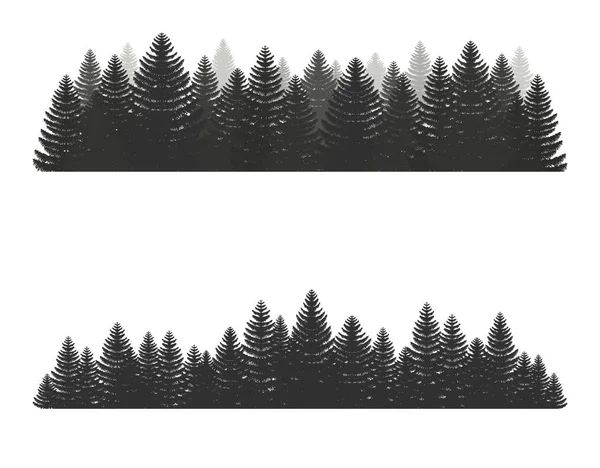 Coniferous pine forest. Silhouettes evergreen coniferous trees, christmas tree, spruce. Camping — Stock Vector