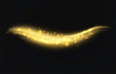 Koyu şeffaf arka planda yıldızlarla altın toz dalgası. Pırıl pırıl sihirli iz, Noel ışıltılı ışık etkisi.