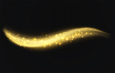 Koyu şeffaf arka planda yıldızlarla altın toz dalgası. Pırıl pırıl sihirli iz, Noel ışıltılı ışık etkisi.
