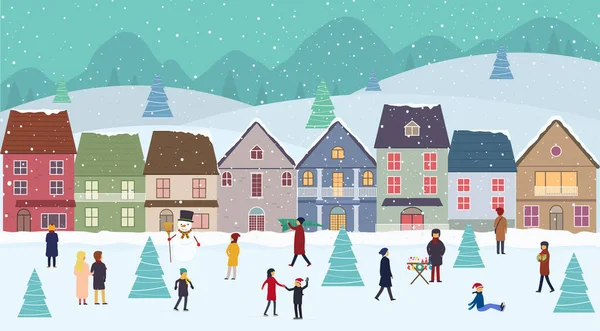 Χριστούγεννα χειμερινό τοπίο των θαυμάτων με τα σπίτια νεράιδα, λόφους και τους ανθρώπους στην παραμονή της Πρωτοχρονιάς. — Διανυσματικό Αρχείο
