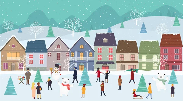 Christmas winter wonderland landscape with fabulous houses, hills and people in the town square on New Years eve. Dancing bears, ice skating, walks in holiday eve. — Stock Vector