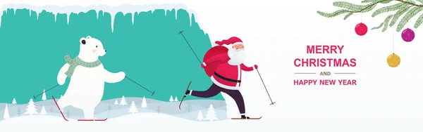 Noel Baba bir hediye çantası ve Noel ağaçları ve sarkık buz sarkıtları ile karlı tepelerde kayak bir ayı ile. — Stok Vektör