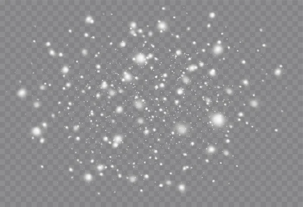 Chute de neige avec différentes formes de flocons de neige sur fond transparent. Particules de poussière magique de Noël, effets d'éclairage, flocons . — Image vectorielle