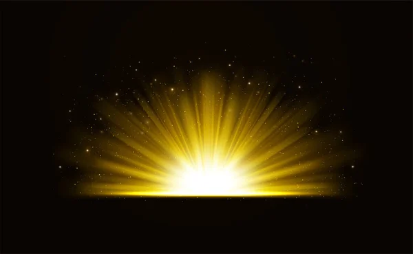 Golden bright shining light effect with stars. Rays of light with sparkles on dark background. — Stock Vector