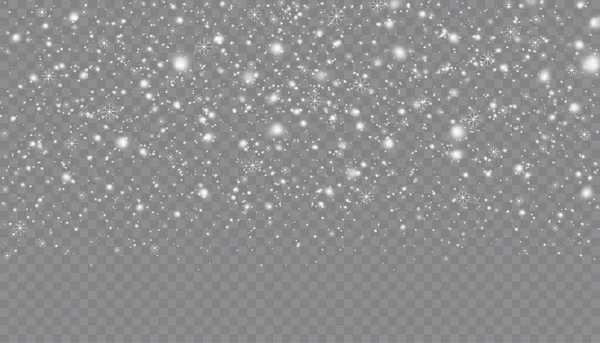 Snowfall with various shapes of snowflakes on transparent background. Christmas falling flying snow, flakes. Snow background — Stock Vector