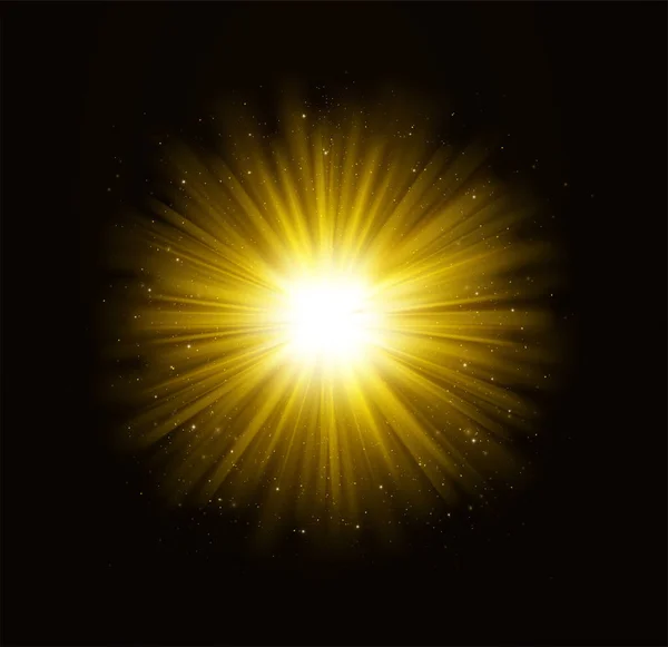 Golden Bright Shining Light Effect Stars Rays Light Sparkles Dark — Stock Vector