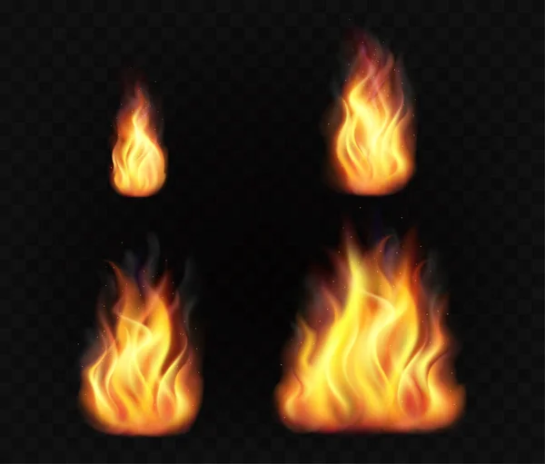 Realistische Feuerflammen. Reihe von transparenten brennenden Lichteffekten. — Stockvektor