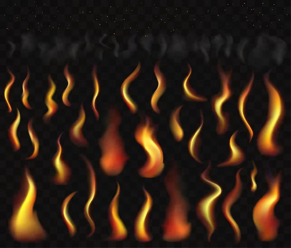 Brandrök och brinnande gnistor. Uppsättning genomskinliga brinnande ljuseffekter. — Stock vektor