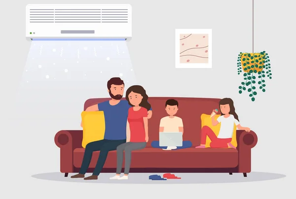 Habitación con aire acondicionado y personas en sofá. Hombre y mujer con niños en la habitación con refrigeración. Concepto de control climático en interiores . — Vector de stock