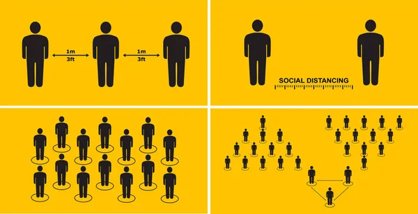 Socialt avstånd människor för att skydda mot spridning av virussjukdomar. Människor håller sig på avstånd i det offentliga samhället vid ett möte med epidemin. — Stock vektor