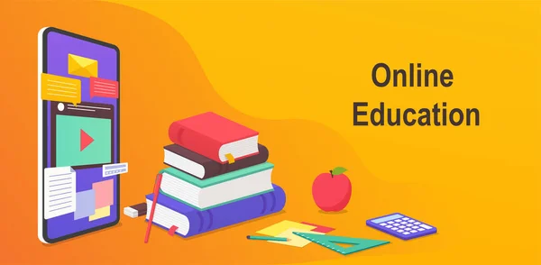 Digital online education, worldwide distance learning concept from mobile site. Smartphone educational webinar, books and study guides, teaching supplies. — Stock Vector