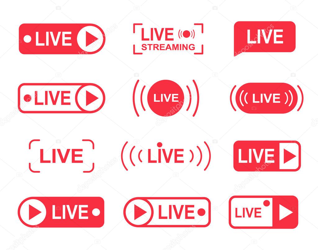 Live stream buttons, online live streaming player icons. Social media concept for tv, shows.