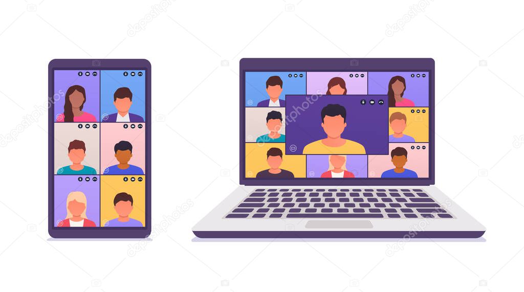 Colleagues talk to each other on the screen of a laptop, smartphone. Remote work via teleconference, video call conference, online meeting, e-learning.