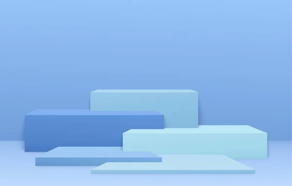 Σκηνή βάθρου για το προϊόν. Minimal abstract εκθεσιακό φόντο σε μπλε με γεωμετρικά σχήματα και βήματα. — Διανυσματικό Αρχείο