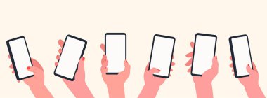 Telefonu elinde tutuyorsun. Boş akıllı telefon ekranlı eller. İletişim ve sosyal medya kavramı, öğrenme, dokunmatik ekrandaki uygulamalar.