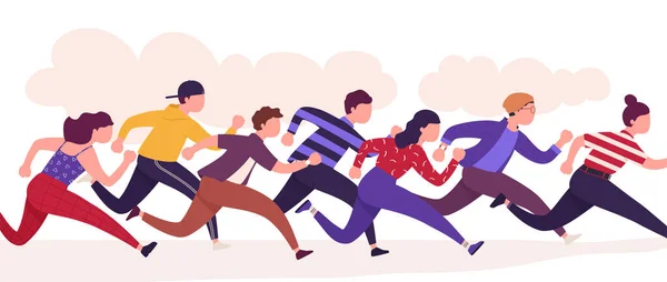 Grupp av ledande människor, färgglada löpare man och kvinna i rörelse. Säsongsförsäljning, lojalitetsprogram. Idrottstävling med varandra. — Stock vektor